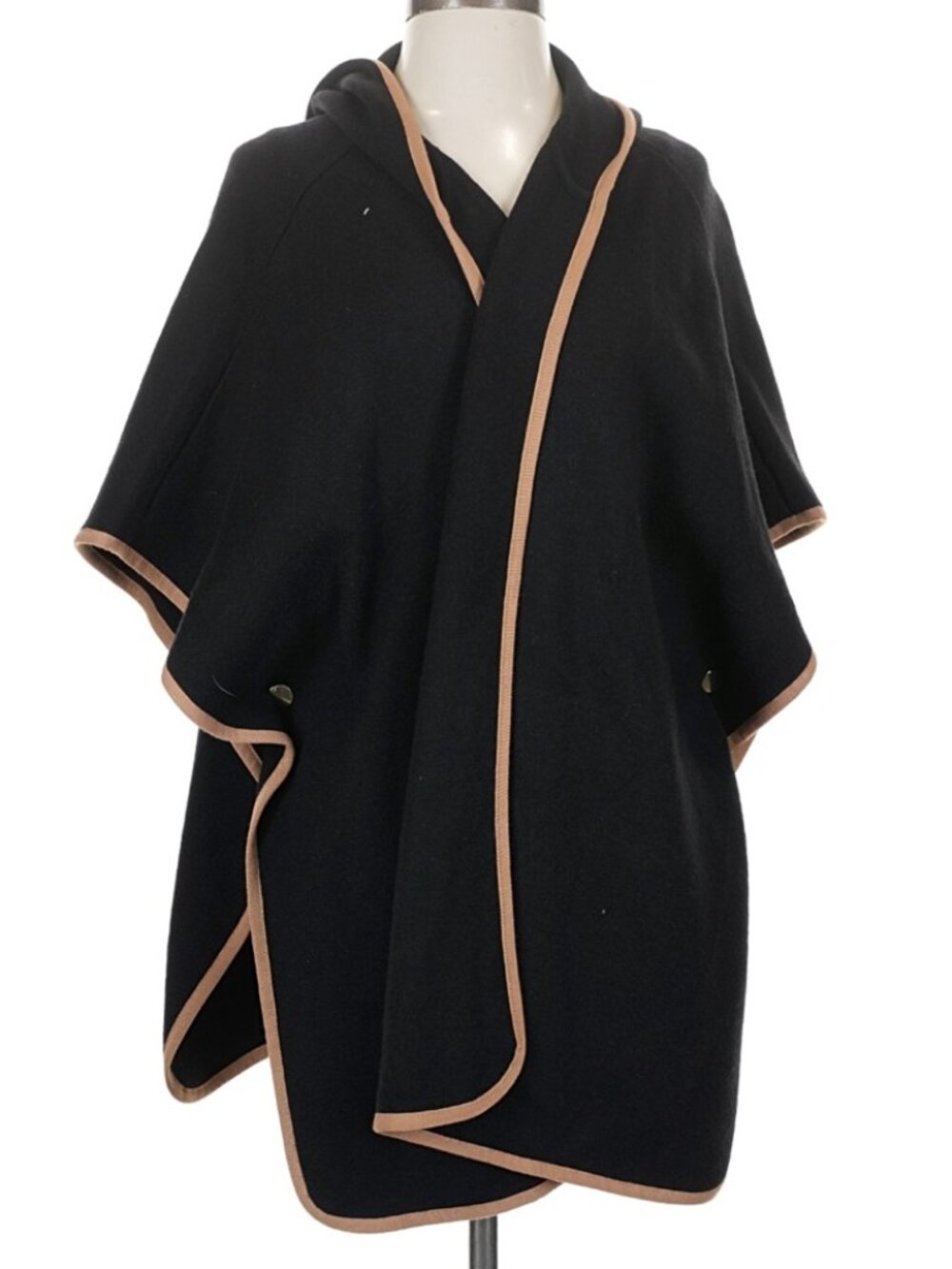 Chico's Black Hooded Poncho Cape Camel Trim Oversized S/M Cozy Sweater